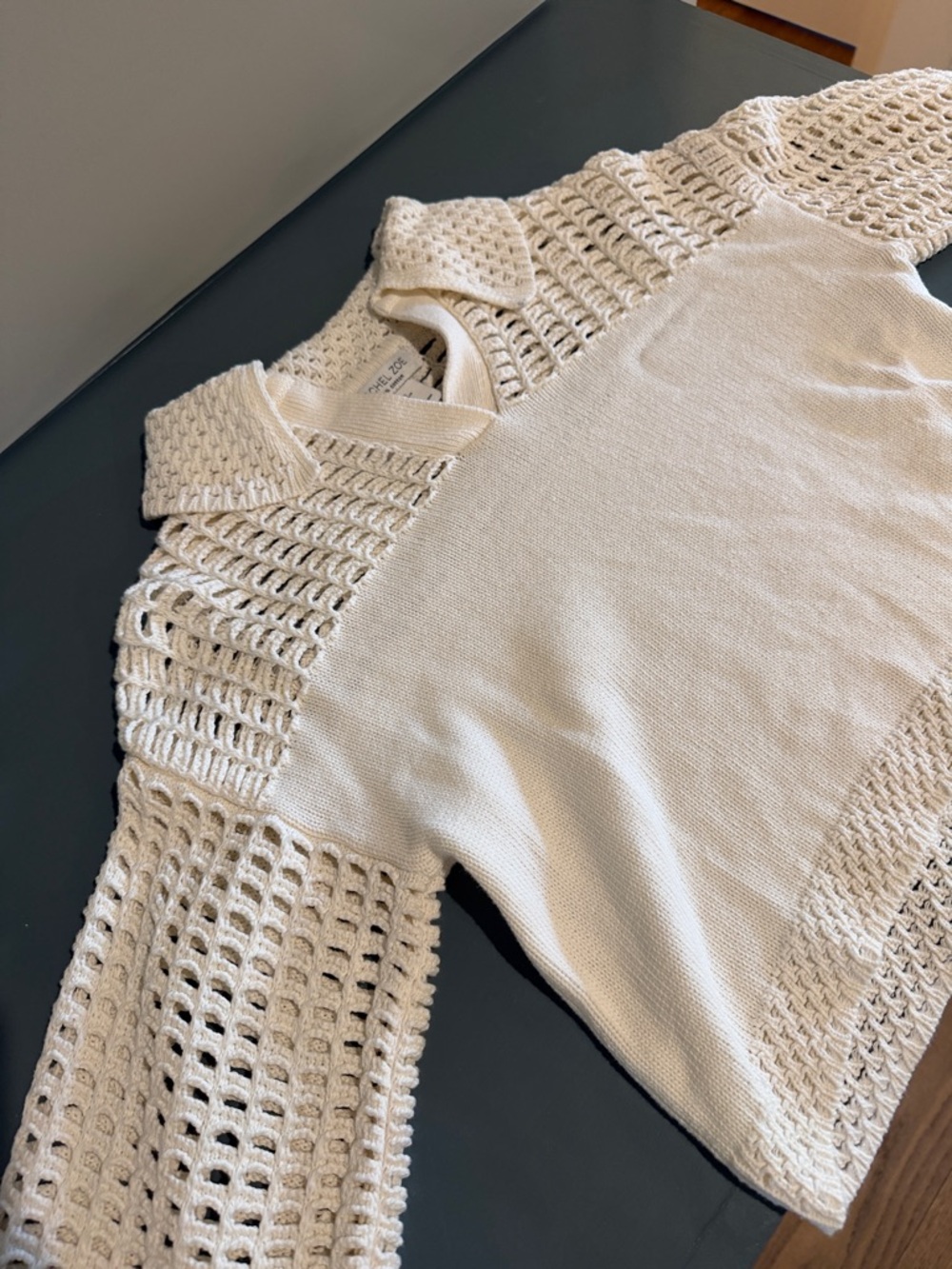 Rachel Zoe Cream Open-Weave Collared Knit Sweater